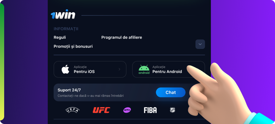 Pentru a descărca aplicația 1win, jucătorii din Moldova trebuie să deschidă versiunea mobilă a 1win, să găsească pictograma Android și să dea click pe ea