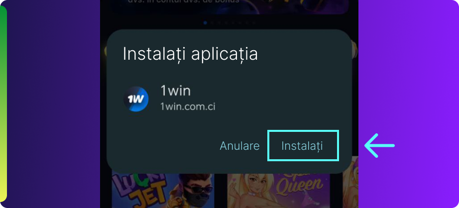 Pentru a descărca aplicația 1win, jucătorii din Moldova trebuie să dea click pe pictograma Android și să confirme descărcarea dând click pe OK